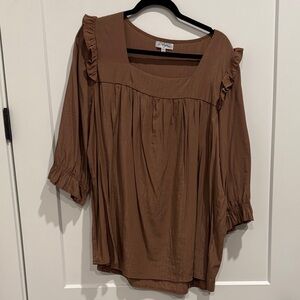3XL Polagram Brown Ruffled Blouse.3/4 sleeves.Square Neck. Ruffle shoulders.